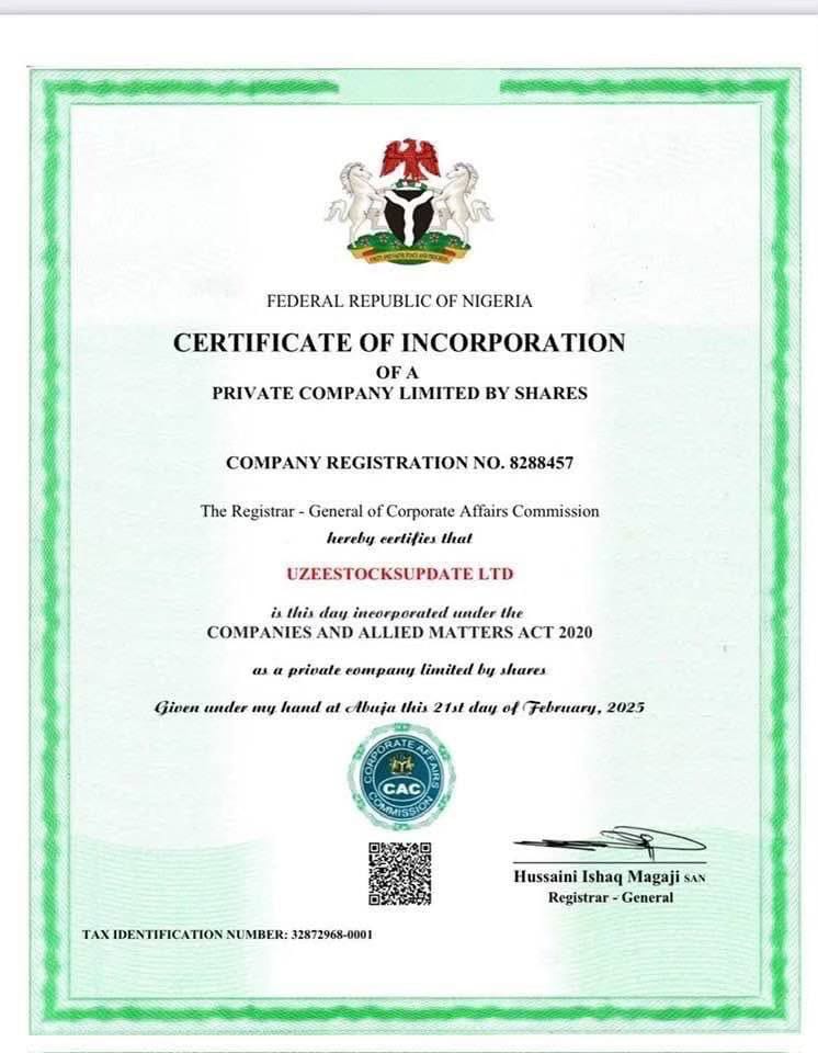 Uzee Invest Certificate of Incorporation